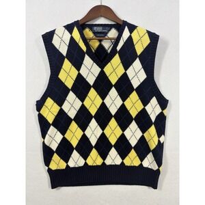 VTG Polo Ralph Lauren Knit Sweater Vest Argyle Academia Yellow Navy Prep Large‎